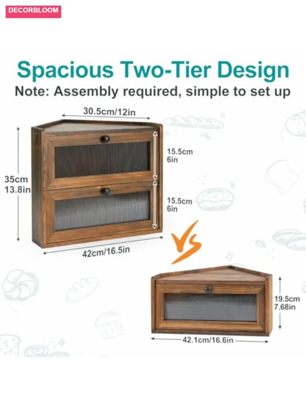Large 2-Tier Wooden Bread Box with Acrylic Window for Kitchen Countertop Corner